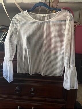 Aritzia babaton Sheer White Vertical-Stripe Blouse with Fluted Sleeves
